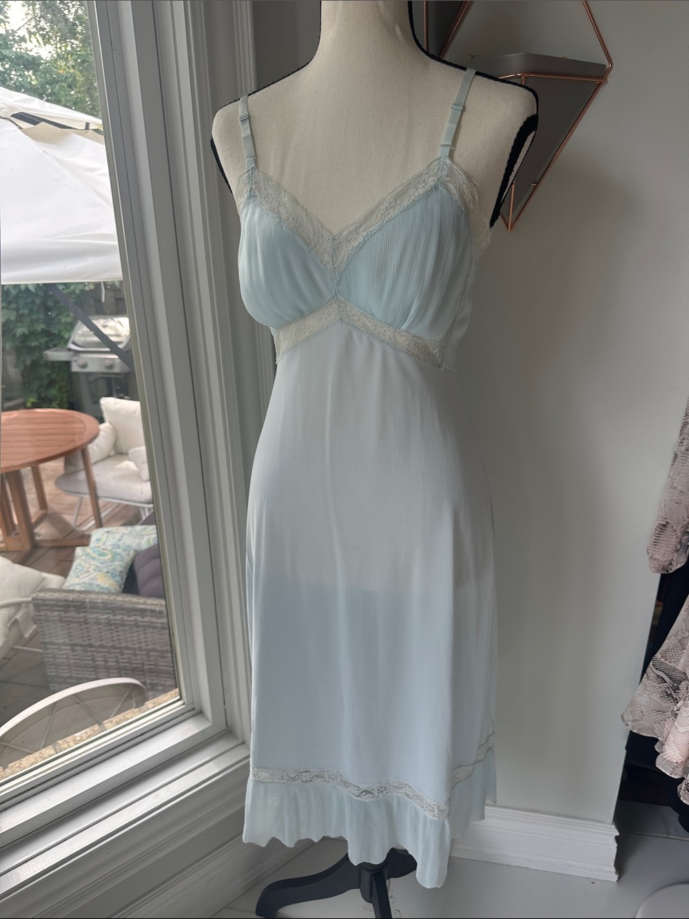 VINTAGE Dreamy Slip Dress Light Blue Dainty Lace-Trim Intimates Nightgown Small